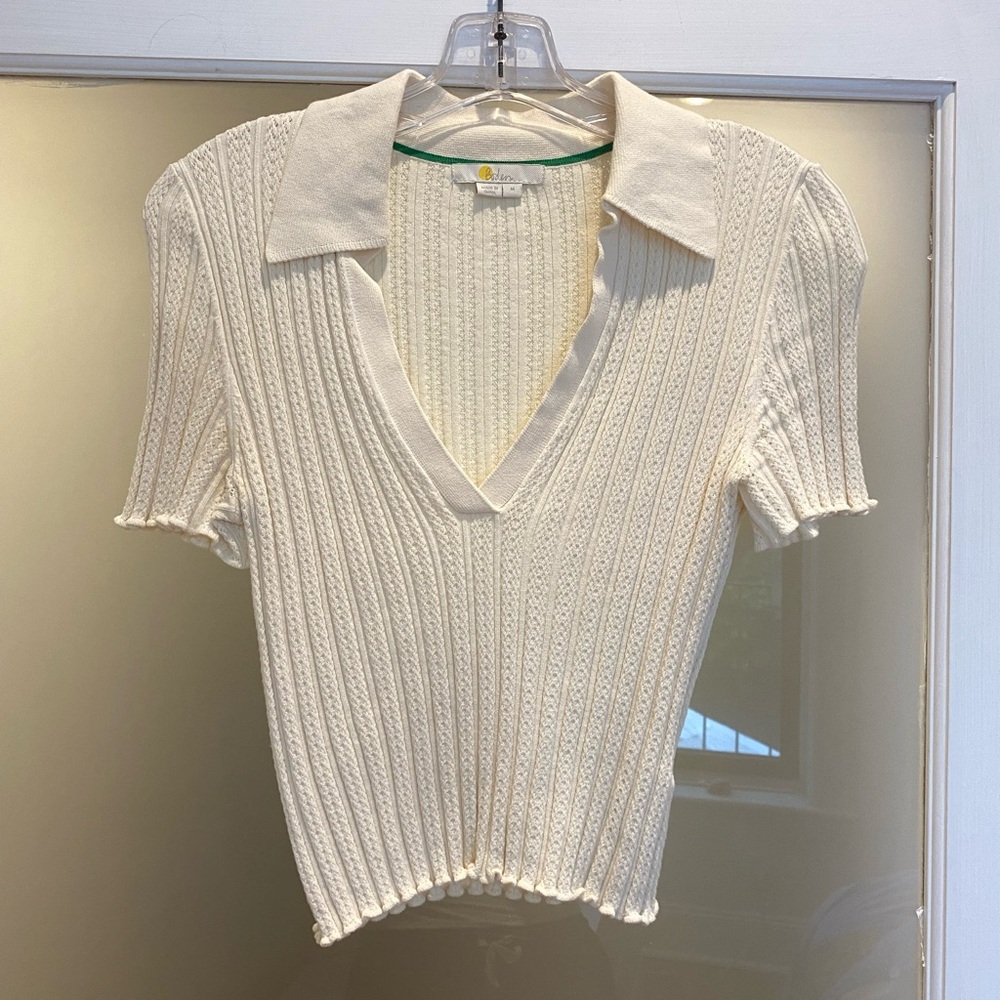 Boden Ribbed Pointelle Collared Tee Size M